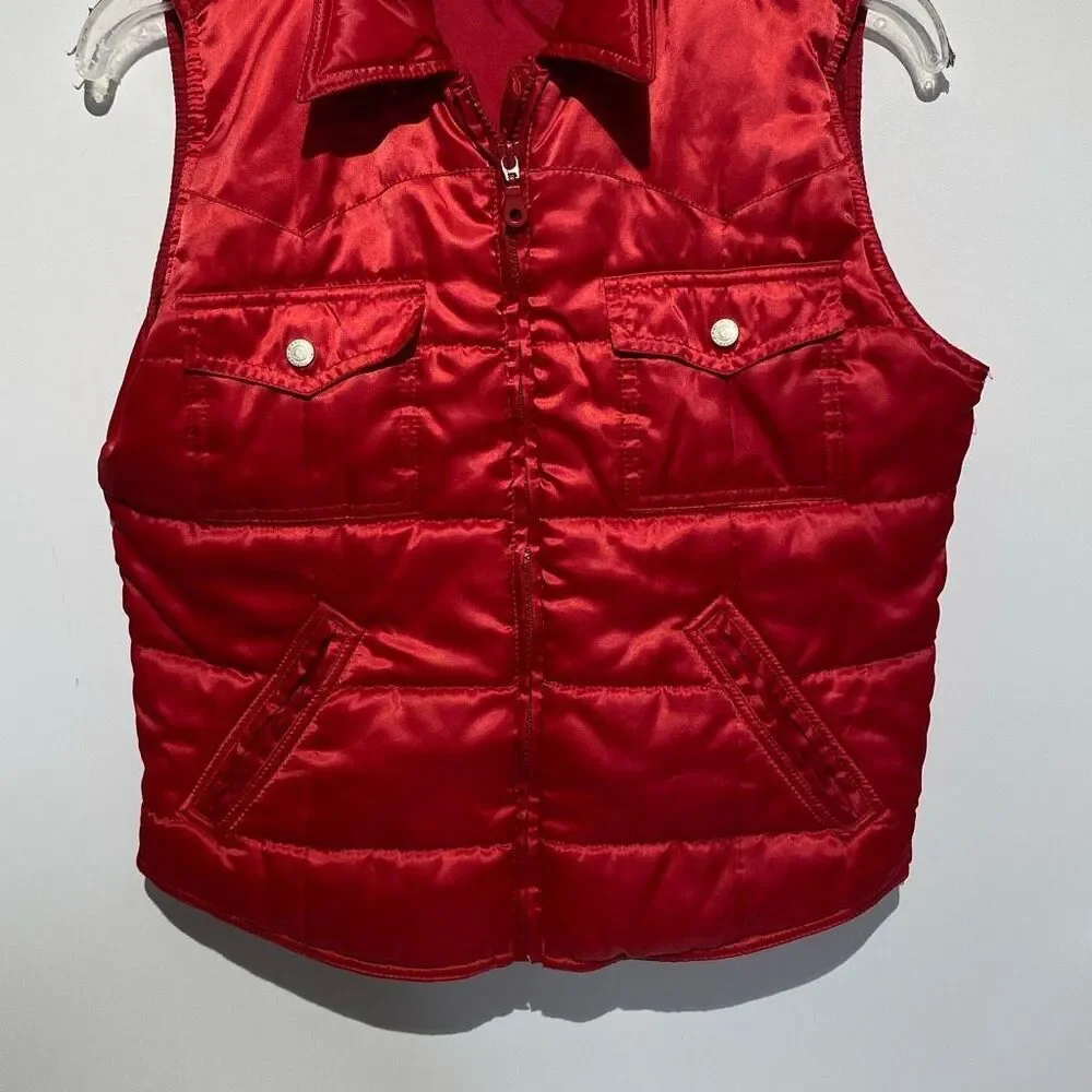 Vintage Tommy Jeans Women's Red Satin Collared Full Zip Puffer‎ Vest Medium